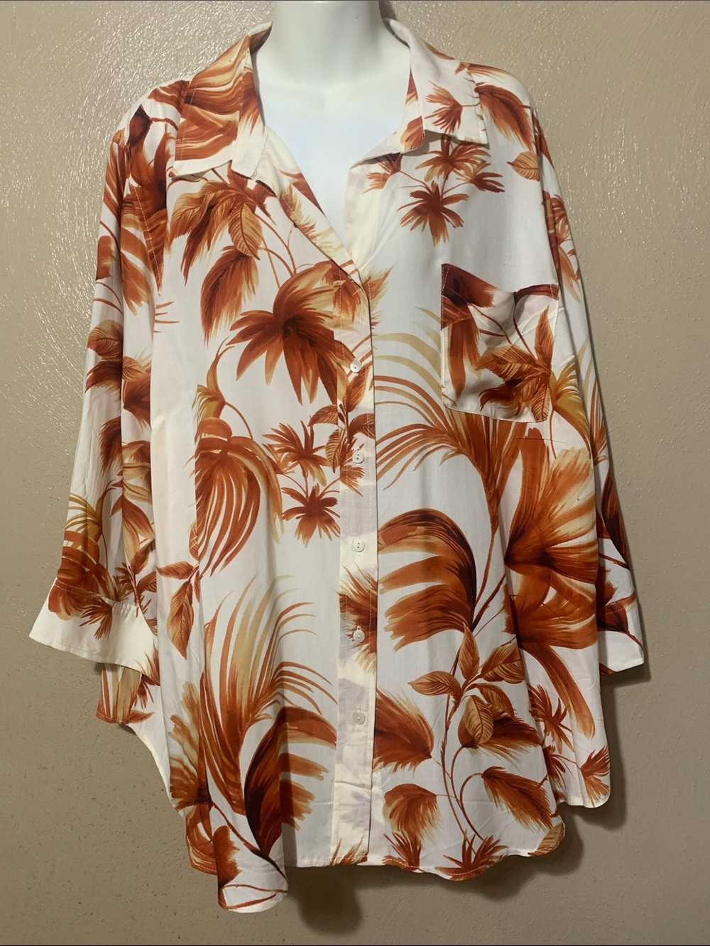Grace 3X Off White Button-Down Shirt with Rust Palm Print NWT